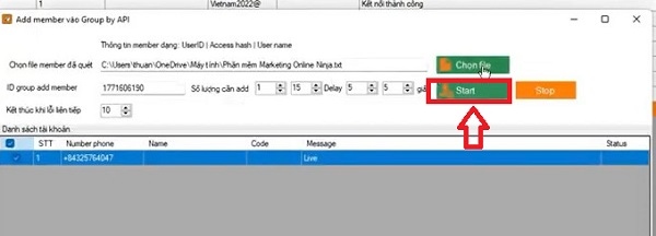 Nhấn chọn Start để bắt đầu chạy auto add mem vào group telegram