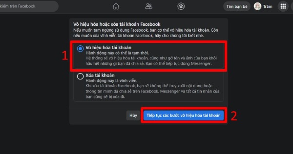 Bước 4: Bấm vào mục Tiếp tục vô hiệu hóa tài khoản