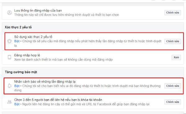 Bước 5: Bật cả hai mục Sử dụng xác thực 2 yếu tố và Nhận cảnh báo về những lần đăng nhập lạ