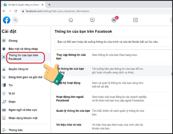 Bước 2: Chọn Cài đặt và nhấn vào phần Thông tin của bạn trên facebook