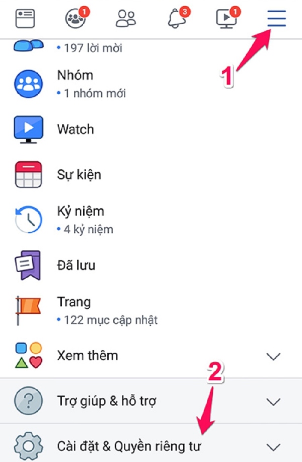 Bước 1: Truy cập vào facebook cá nhân và chọn thanh Menu