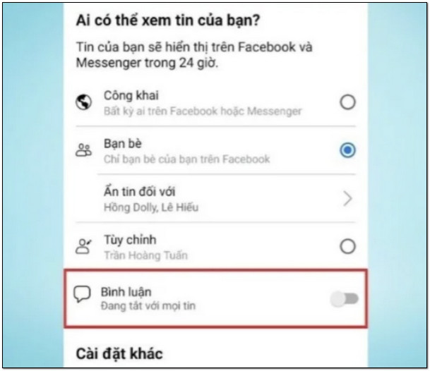 Gạt thanh trượt bình luận sang trái