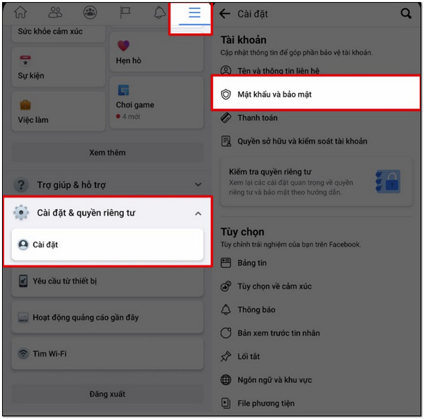Tìm đến mục Mật khẩu và bảo mật