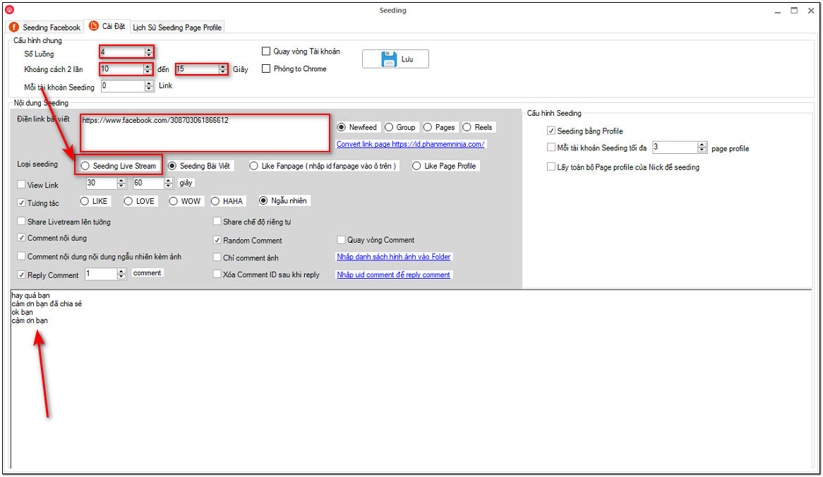 Cài đặt cấu hình chạy seeding livestream facebook